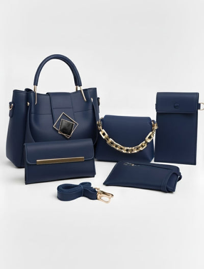 5-PCS Diamond Premium Leather Handbags Set – Navy Blue