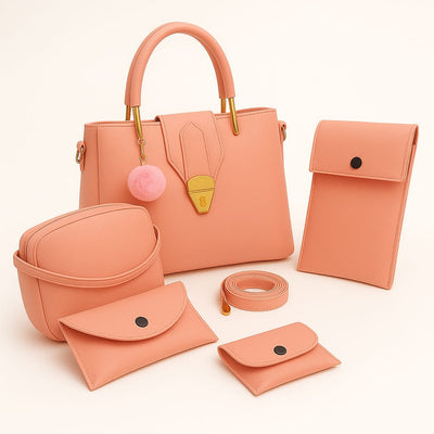 5-PCS V-LOCK Premium Leather Handbags Set – Pink