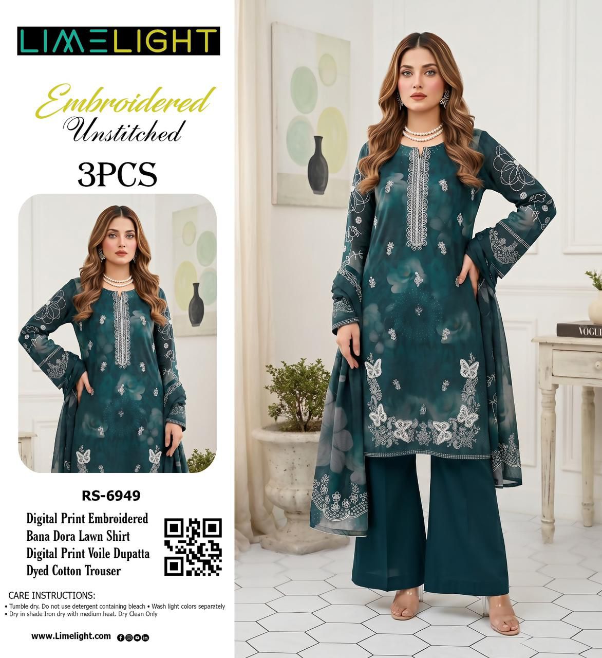 Embroidered 3-Piece Lawn Suit - Digital Print۔
